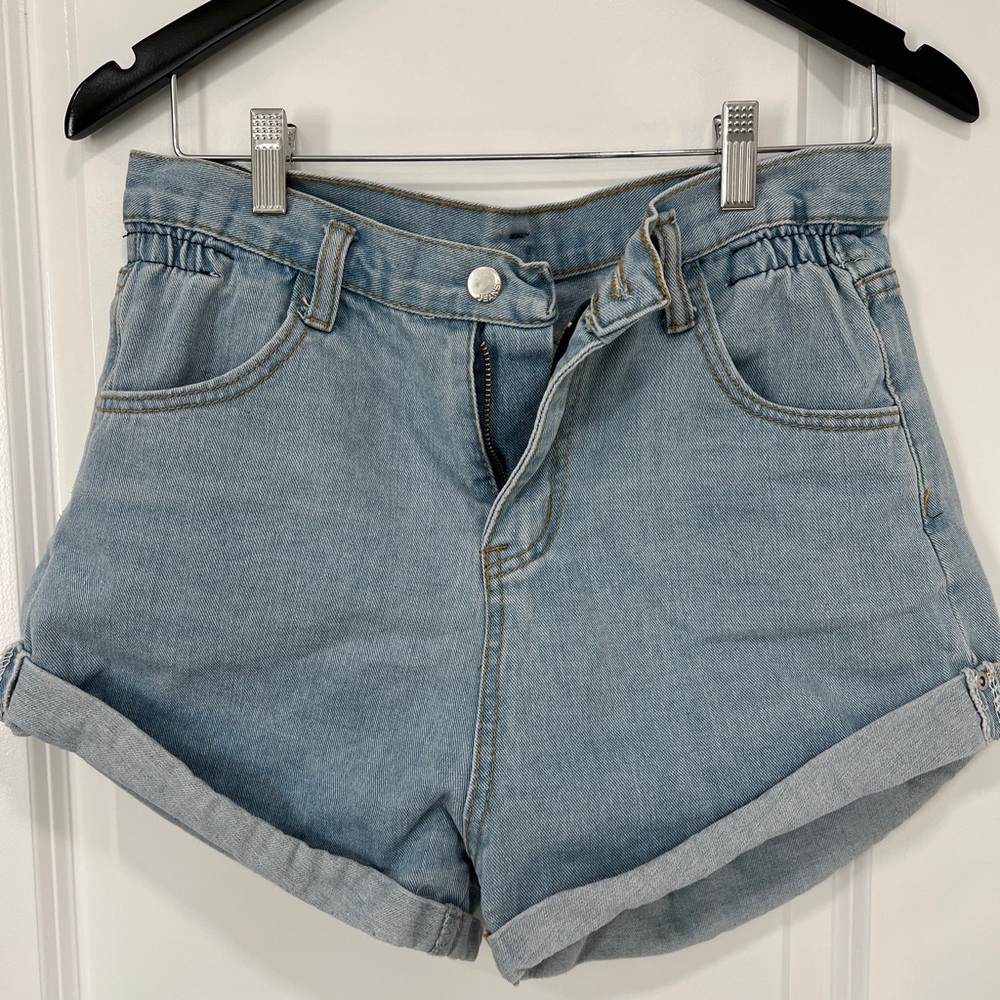 Boutique Blue Denim Shorts, High-Rise, Rolled Cuff